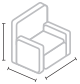 Isometric chair icon with 3D measurements.